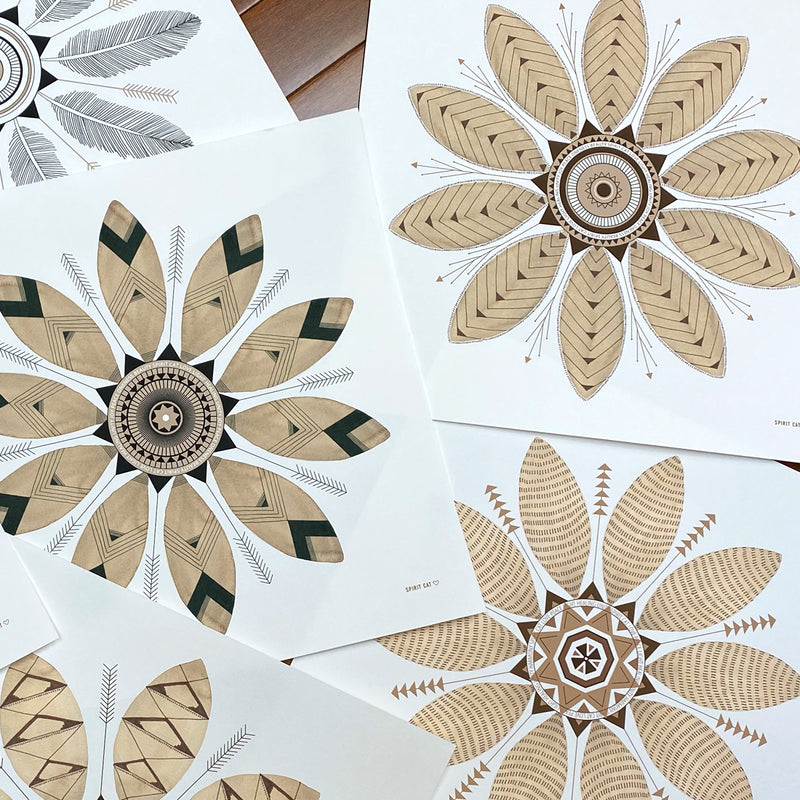 Grouping of watercolor leaf mandala art prints