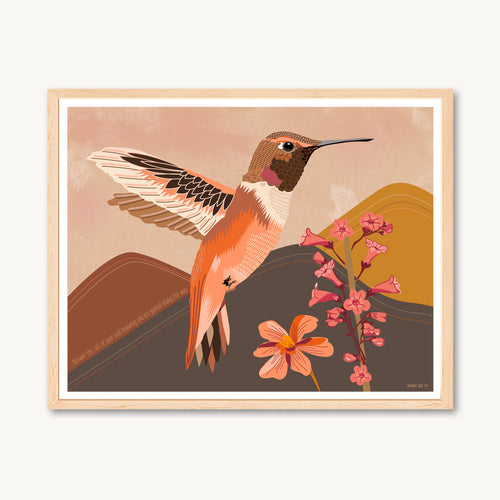 Hummingbird art print, interior design, colorful cheerful art, mountains, flowers, shamanic art