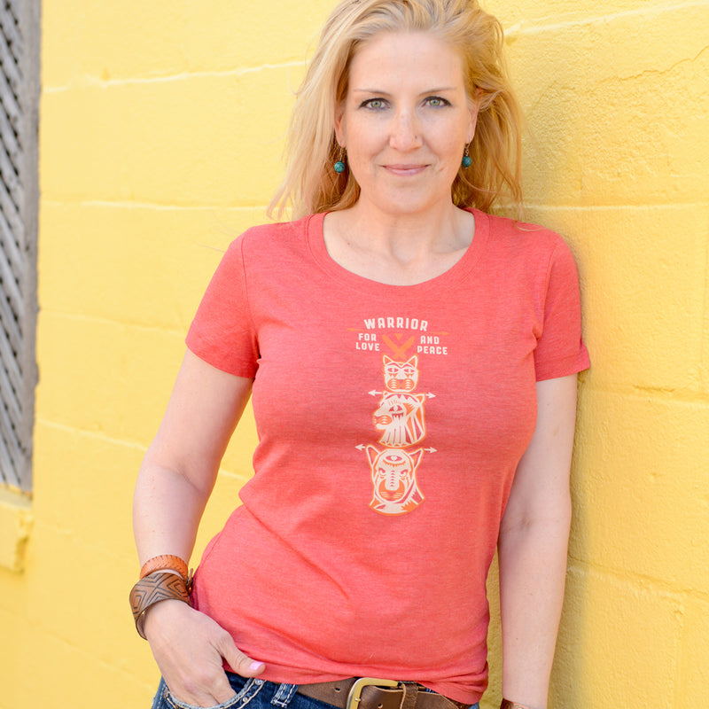 Red peaceful warrior spirit cat t-shirt on model