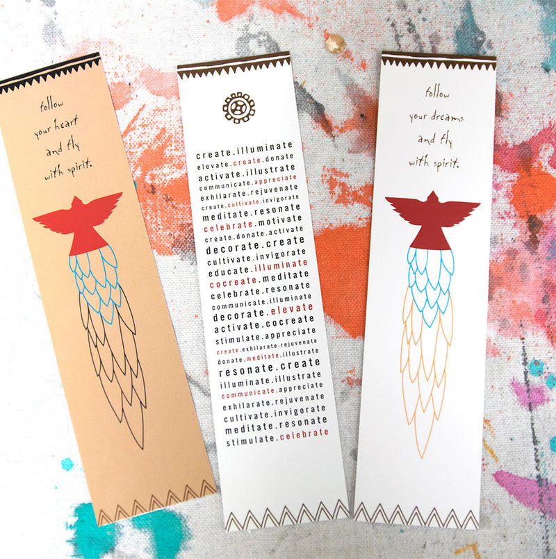 Group of colorful bookmarks with inspirational words and birds
