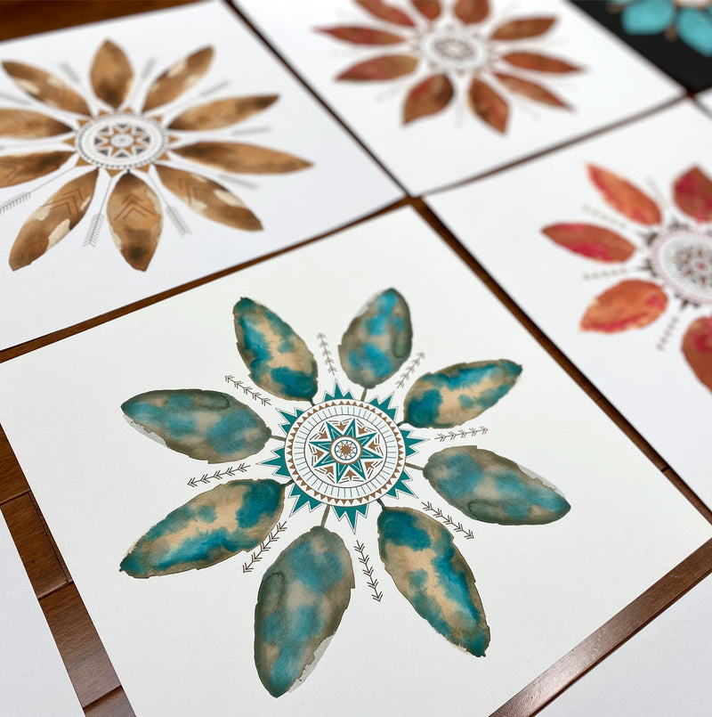 Group of colorful watercolor leaf mandala art prints