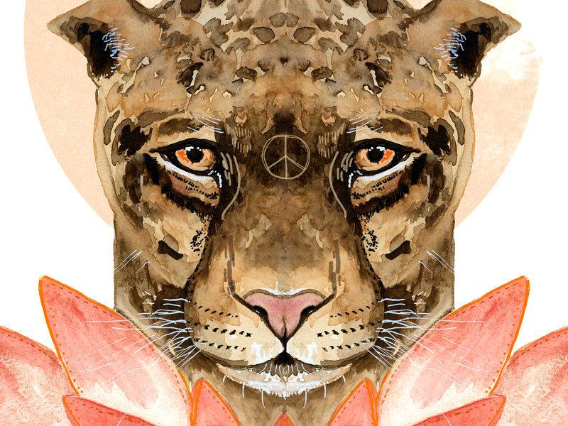 Spirit Cat, Jaguar art print, large wild cat art, lotus flower, peaceful art with heart