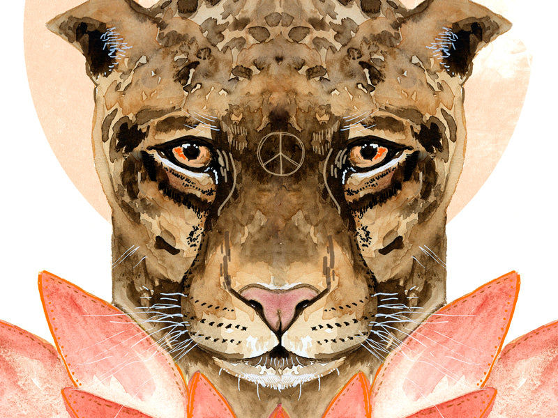 Spirit Cat, Jaguar art print, large wild cat art, lotus flower, peaceful art with heart