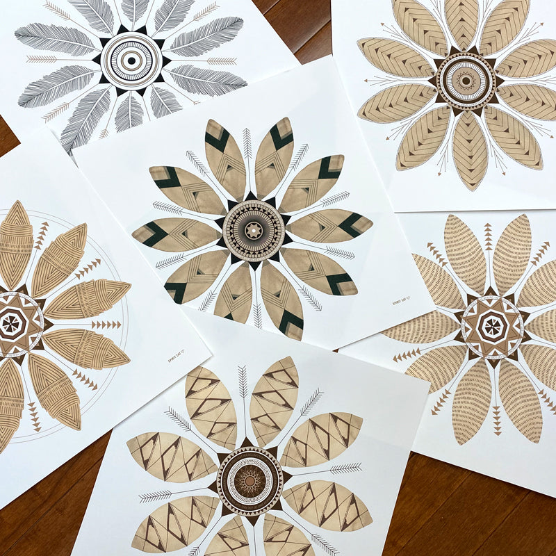 Watercolor leaf mandala art print collection set, Spirit Cat