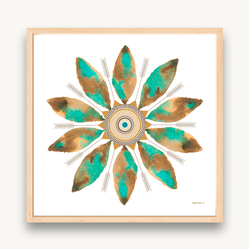 Turquoise watercolor leaf mandala art print
