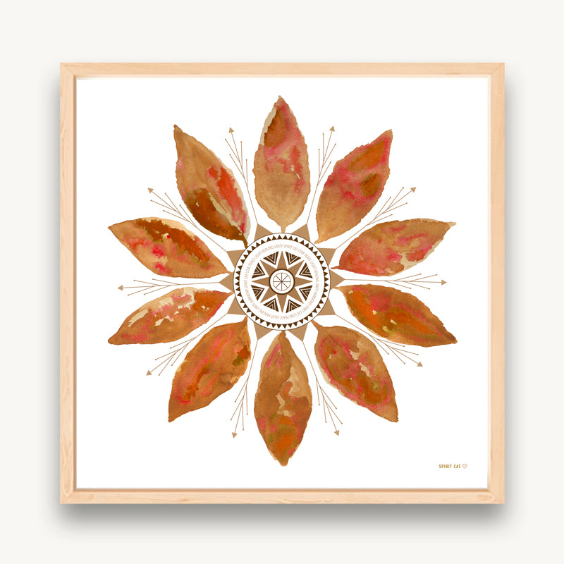 Earth colors watercolor leaf mandala art print