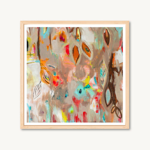 Colorful abstract art print, brown, turquoise, orange, pink, calming colors, flowers and leaves