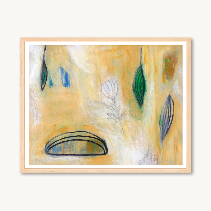 Abstract acrylic painting art print, yellow and green, flowers