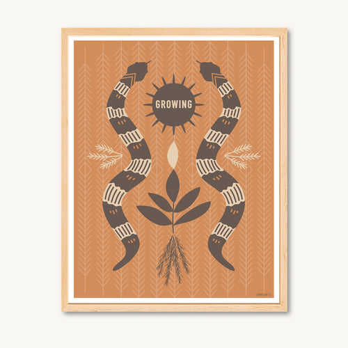 Shamanic art, snake illustration, snake art print, orange art, interior design