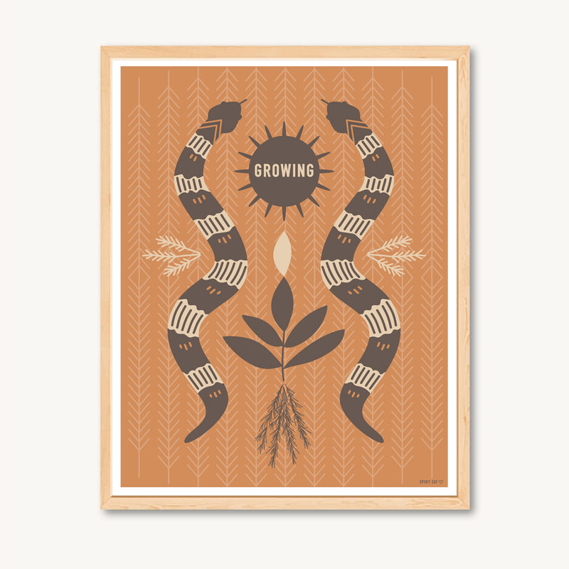 Shamanic art, snake illustration, snake art print, orange art, interior design