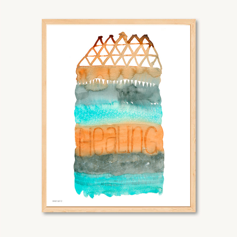 Mountain, Healing, Watercolor painting art print, orange and turquoise