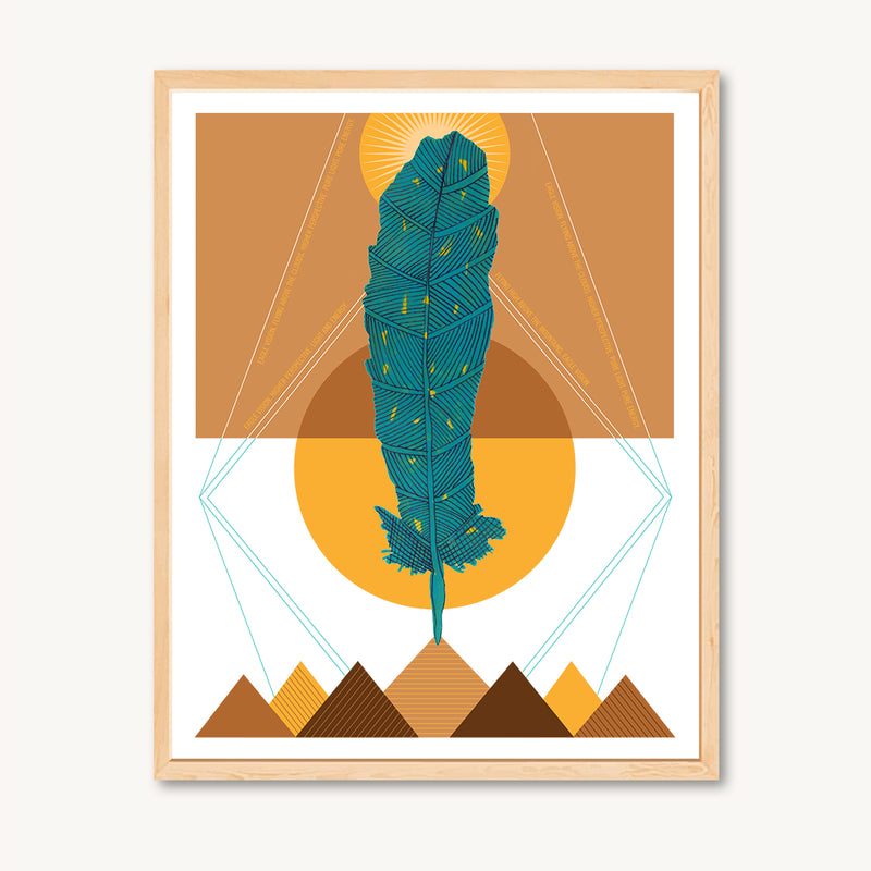 Feather, mountains and sun art print