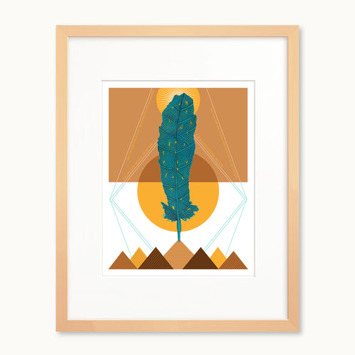 Feather, mountains and sun art print