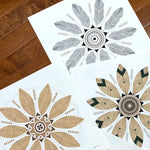 Grouping of feather and leaf mandala art prints