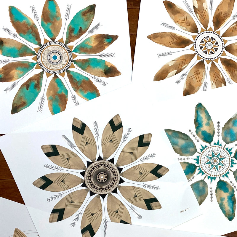 Grouping of watercolor leaf mandala art prints