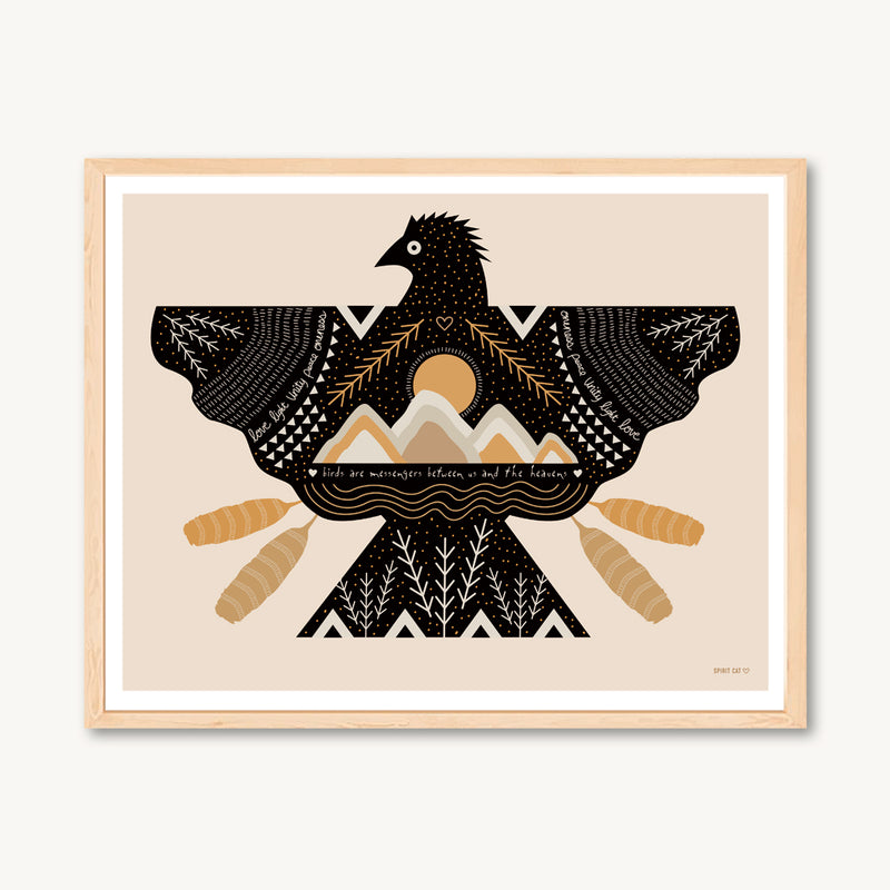 Art print of eagle, large bird of prey, hawk with feathers and mountains