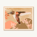 Hummingbird art print, tans brown neutral colors, mountains and flowers print, home decor wall art, gallery wall