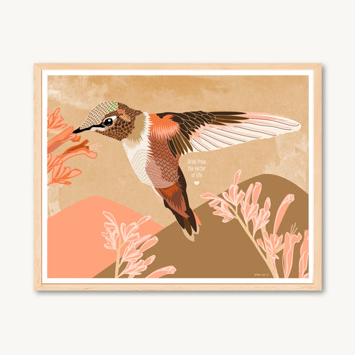Hummingbird art print, tans brown neutral colors, mountains and flowers print, home decor wall art, gallery wall