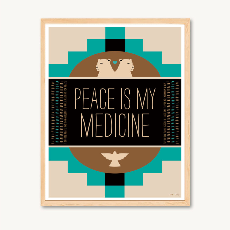 Geometric art print wtih jaguars, hearts and large bird, eagle,turquoise and tan, spiritual message, shamanic art print