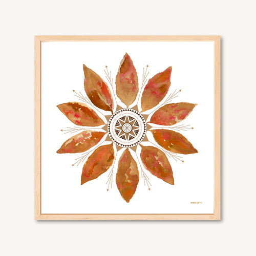 Red and brown leaf mandala watercolor art print