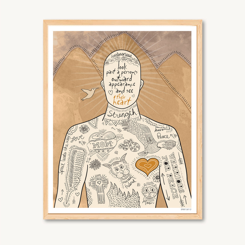 Tattoo man illustration, tattooed man art print, heart