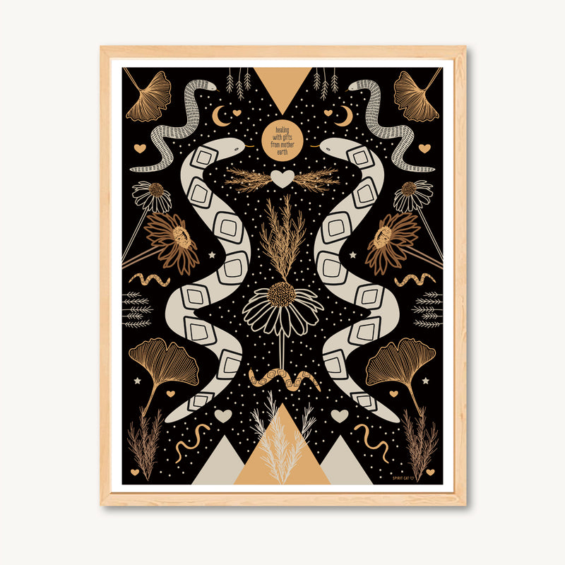 Framed snake print with plant medicine, ginkgo, echinacea, rosemary, neutral colors