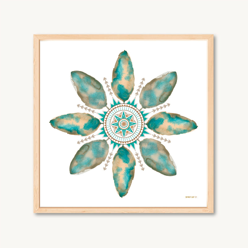 Teal watercolor leaf mandala art print