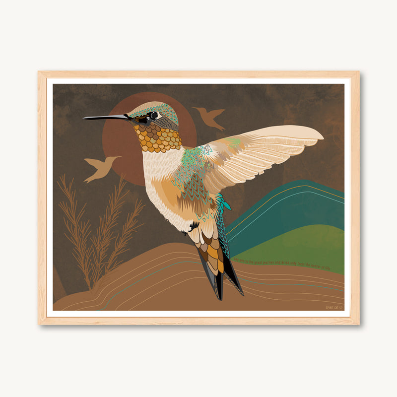 Hummingbird art print, mountains shamanic, spiritual art, browns, neutral colors, bohemian vibes