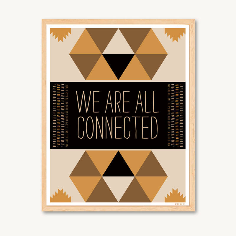 Art print with geometric shapes and inspirational, spiritual messages, golden yellow and tan, shamanism