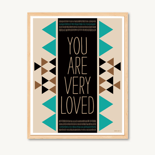 Art print with geometric design and message of love, turquoise and brown, neutral colors