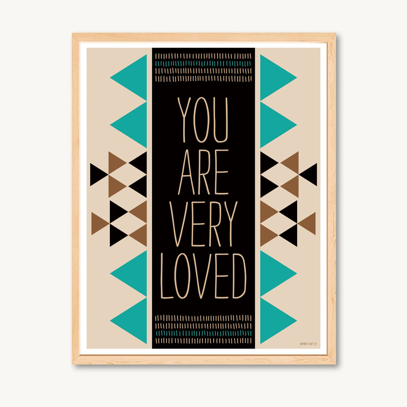 Art print with geometric design and message of love, turquoise and brown, neutral colors